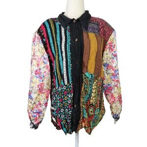 Vintage 90s Karea Mixed Print Patchwork Button-Down Blouse Top L